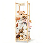 EQGDU wooden zoo cage display front view keeps plush toys organized in a kid's room.