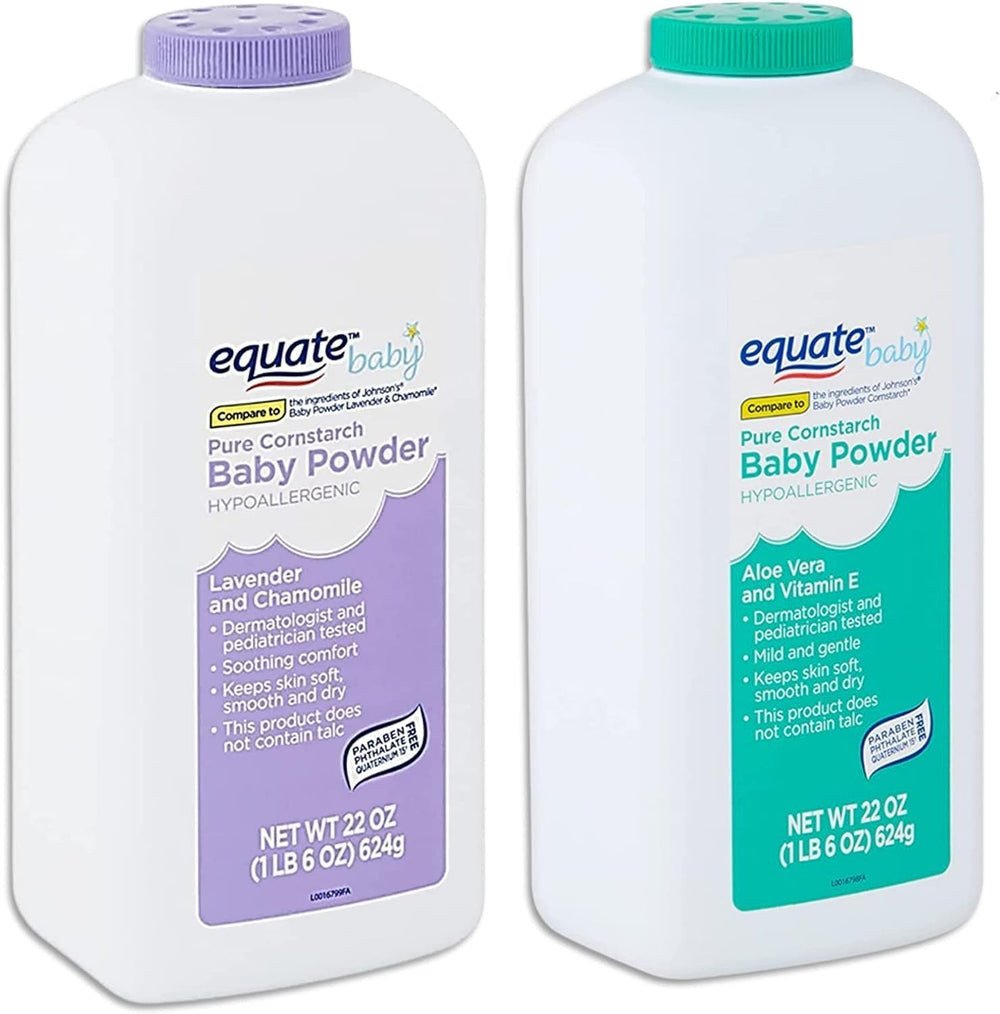 Equate Lavender Chamomile baby powder pack absorbs moisture for delicate skin.