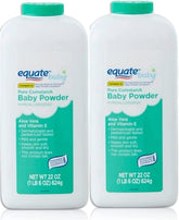 Equate Pure Cornstarch Baby Powder Aloe Vitamin E bottle viewed for everyday freshness.
