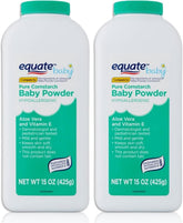 Equate Pure Cornstarch Baby Powder bottle; talc-free formula helps keep skin dry and comfortable