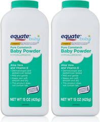 Equate Pure Cornstarch Baby Powder bottle; talc-free formula helps keep skin dry and comfortable