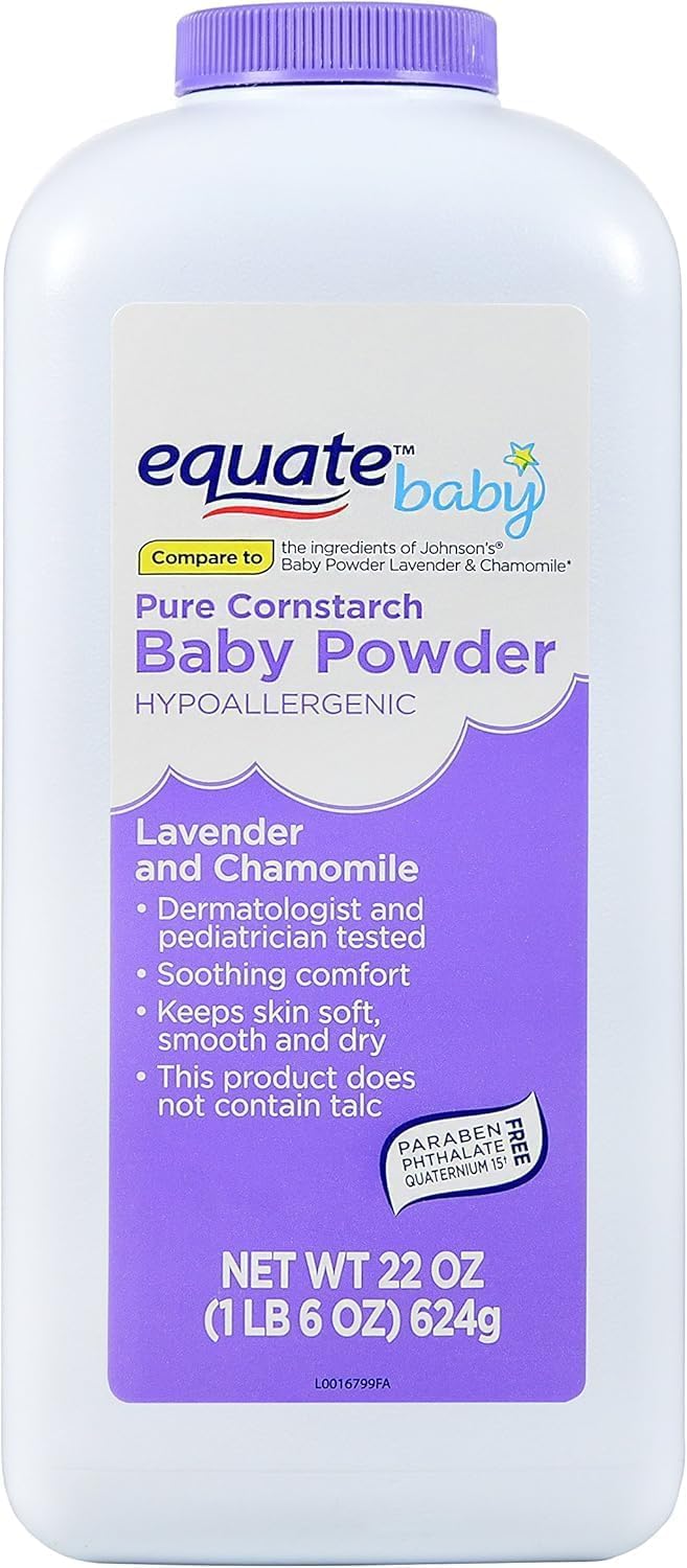 Equate Pure Cornstarch Baby Powder bottle pour for gentle skin dryness control