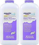Equate Pure Cornstarch Baby Powder bottle with lavender chamomile scent for dry, soft skin.