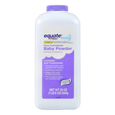 Equate lavender chamomile bottle shows talc-free powder for sensitive baby skin.