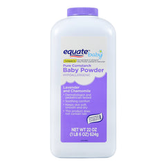 Equate lavender chamomile bottle shows talc-free powder for sensitive baby skin.
