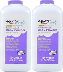 Equate Pure Cornstarch Baby Powder bottle with lavender chamomile scent for dry, soft skin.