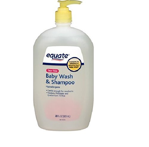 Equate Tear Free Baby Wash and Shampoo bottle pour showing gentle cleansing for babies