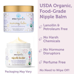 Era Organics Nipple Butter packaging highlights eco-friendly, no-wipe formula.