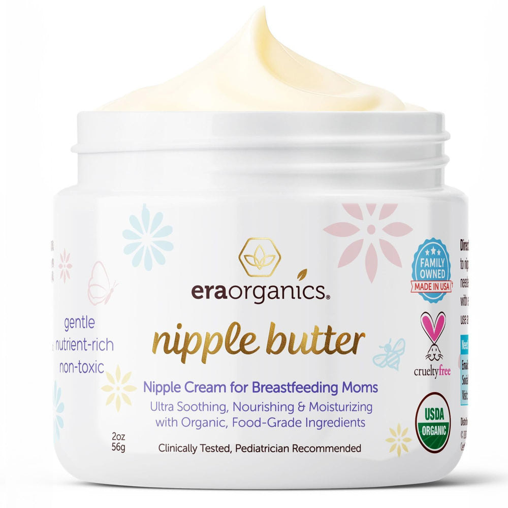 Era Organics Nipple Butter tube close-up for soothing, skin-safe relief.