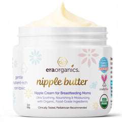 Era Organics Nipple Butter tube close-up for soothing, skin-safe relief.