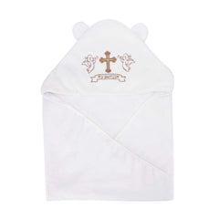 ESTAMICO baby towel with cross embroidery and hood for baptism-style design