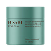 Eusari Menoplay bottle closeup emphasizes natural menopause relief formula.