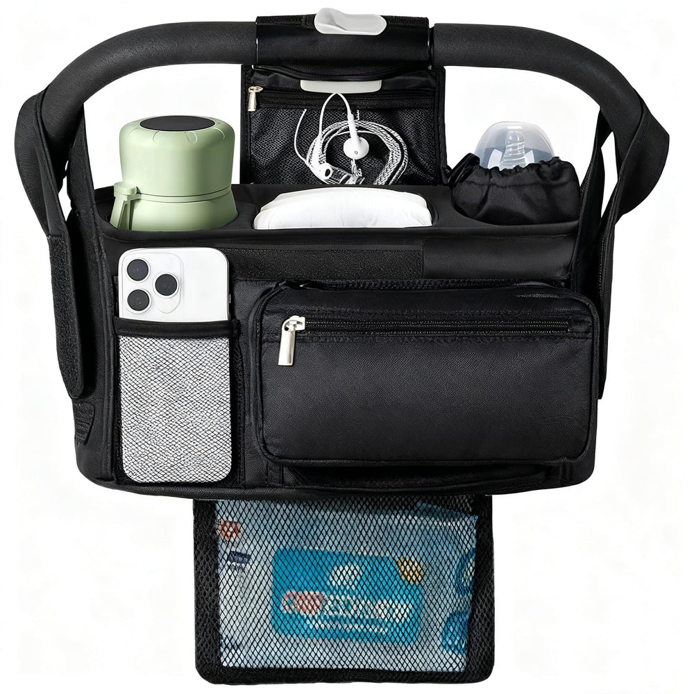 Eutopic stroller organizer with large capacity cup holder for quick beverage access.