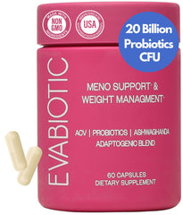 EVABIOTIC Complete Menopause with Ashwagandha bottle supports stress relief and mood balance.