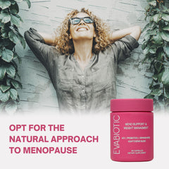 EVABIOTIC Complete Menopause probiotics bottle supports digestion and gut comfort.