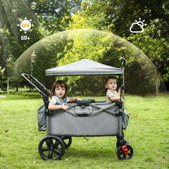 EVER ADVANCED foldable wagon shows adjustable handle bar for comfortable pushing.