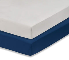 Everyday Kids 2-pack navy crib sheet on standard crib mattress, soft and breathable