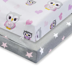 EVERYDAY KIDS changing pad cover with pink hearts and owls on white, cozy and breathable.