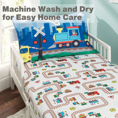Everyday Kids Choo Choo Train pillowcase closeup highlighting vibrant colors for a playful look.