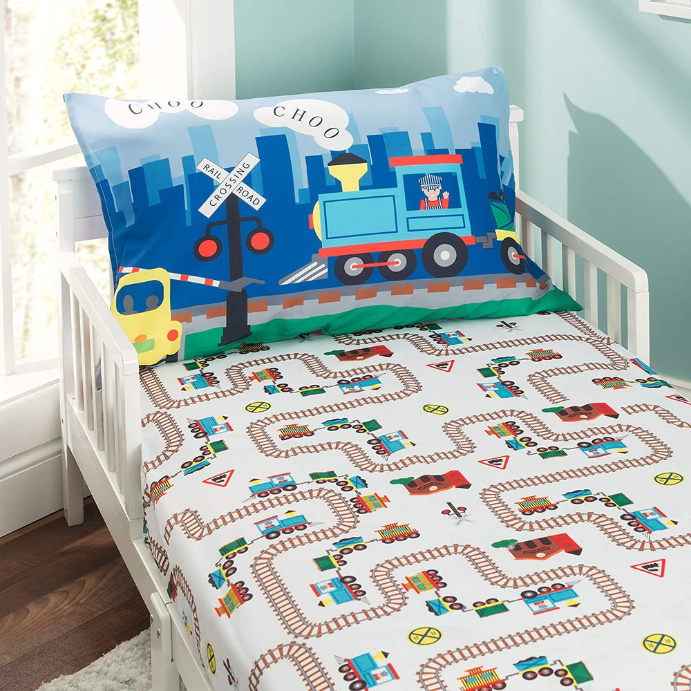 Everyday Kids Choo Choo Train toddler sheet flatlay showing soft microfiber for cozy sleep.
