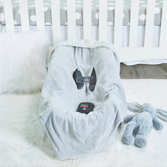 EVERYDAY KIDS gray car seat blanket with faux fur top provides cozy comfort on car trips.