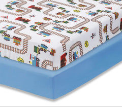 Everyday Kids Train Blue crib sheet two-pack fits standard crib mattresses, soft and breathable.