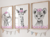Eviepops Prints safari animals nursery wall art – trio with pink flowers, ideal for a baby girl's room