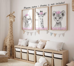 Eviepops Prints safari animals nursery wall art – soft gray and pink palette for modern decor