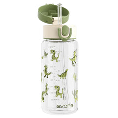 Evorie Tritan kids bottle with green dino cap, durable for daily school use.