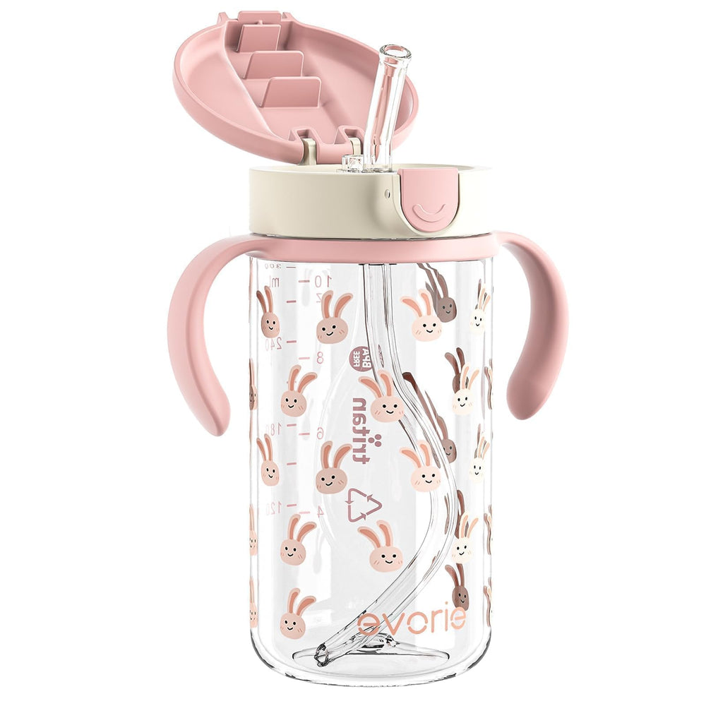 Evorie Tritan spill-proof toddler cup front view with pink rabbit design for mess-free sipping.