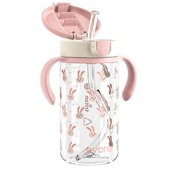 Evorie Tritan spill-proof toddler cup front view with pink rabbit design for mess-free sipping.