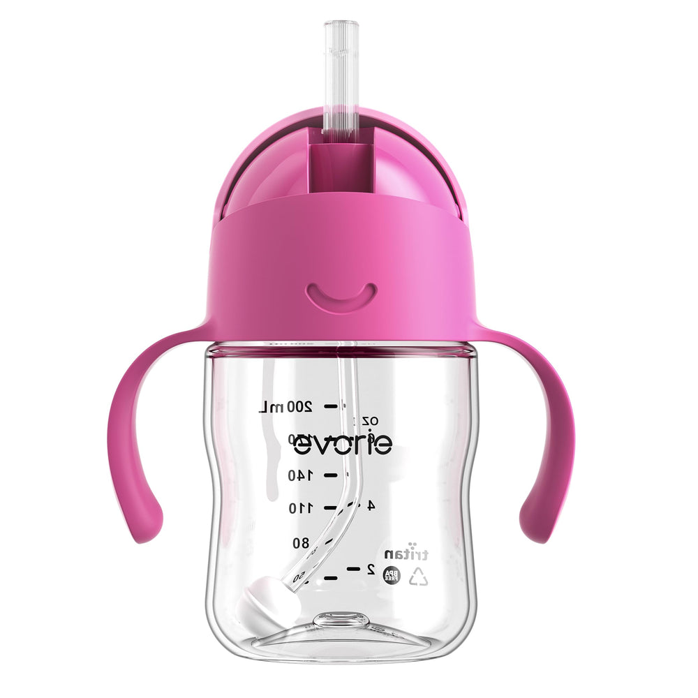Evorie Tritan weighted straw cup in strawberry, front view, easy sipping for kids.