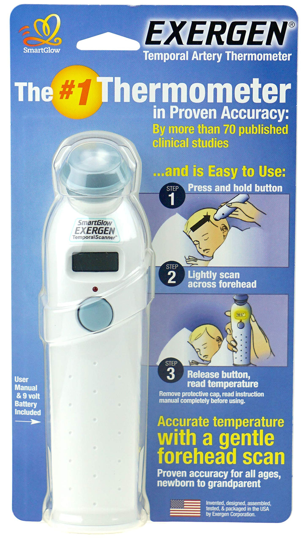 Exergen ComfortScanner forehead-scan demonstrating a gentle stroke for quick family temperature checks