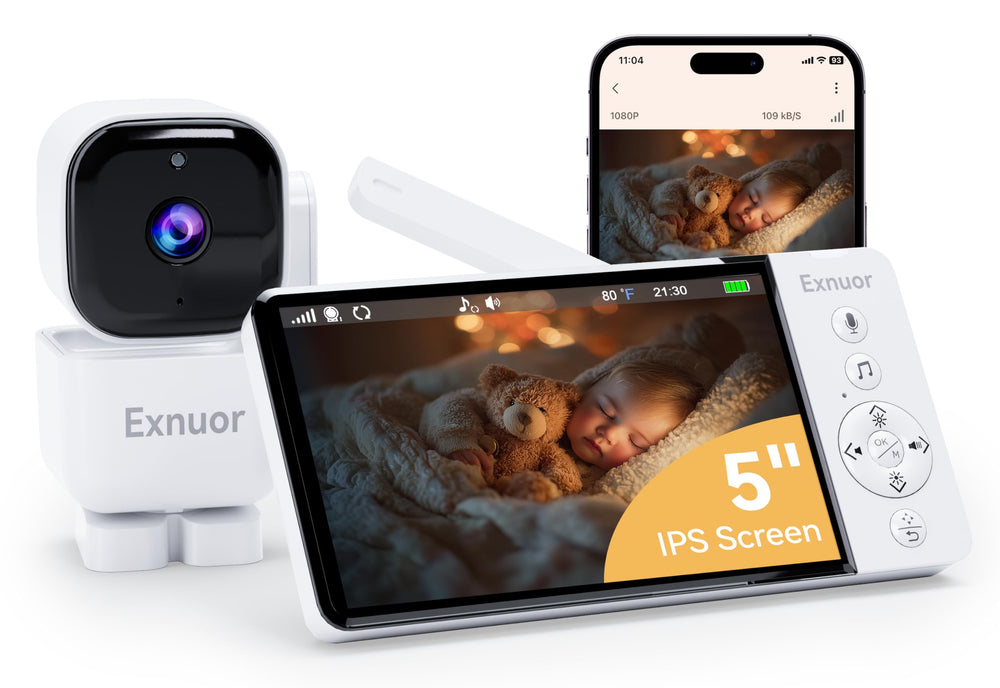 Exnuor baby monitor with a 5-inch display showing clear day and night viewing for peace of mind.