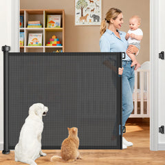 EZIGO 71in retractable baby gate wide demonstrates spacious guarding for stairs.