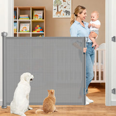 EZIGO retractable gate fully extended across a doorway for wide safety.