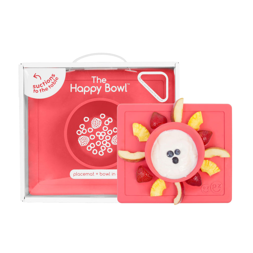 ezpz Happy Bowl coral suction with built-in placemat for spill-free meals.