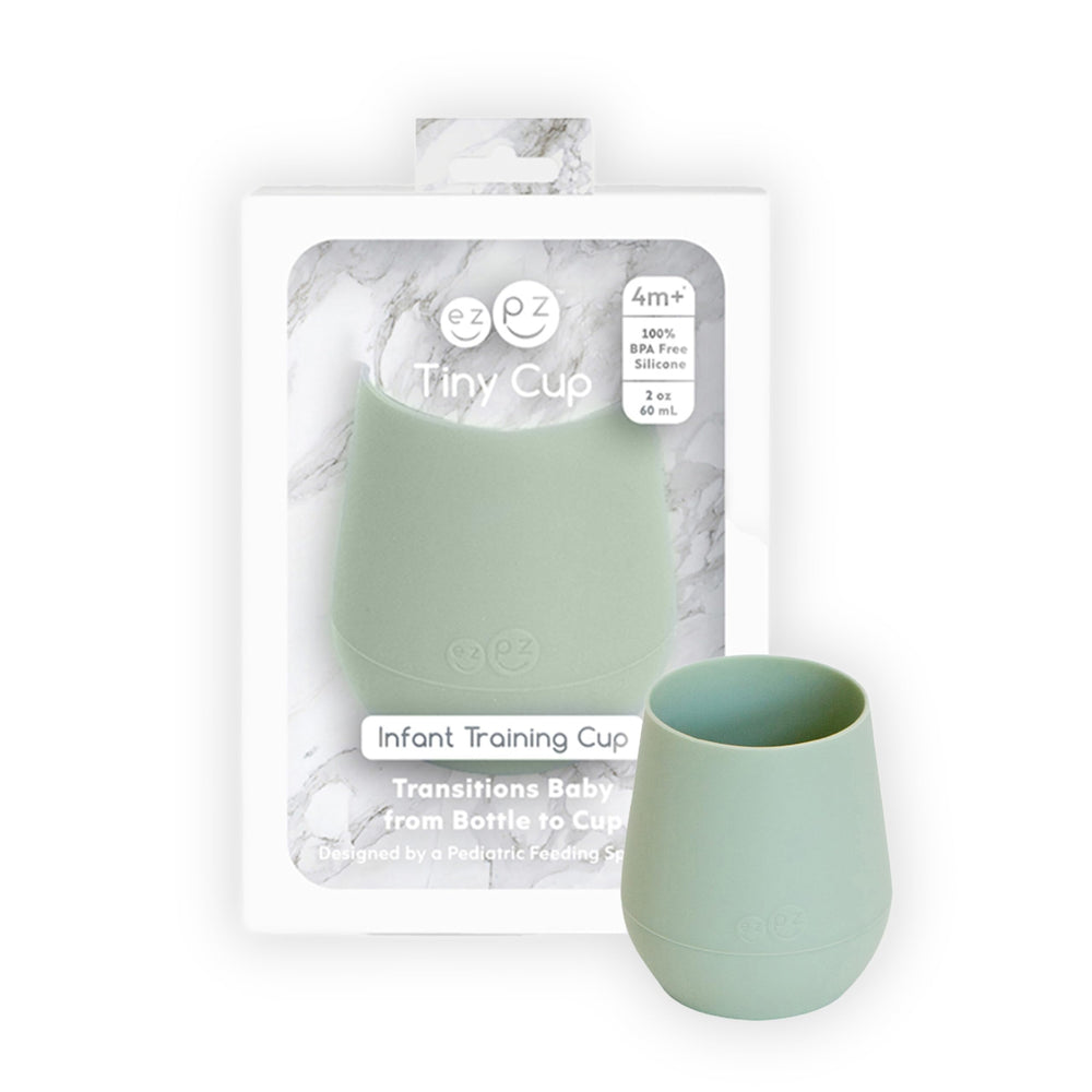 ezpz Tiny Cup Sage shows mouth-fit design for safe, steady sipping.