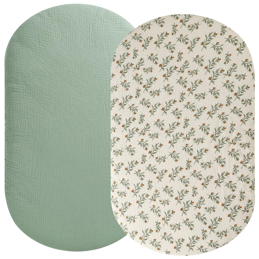 Fadacudan muslin bassinet sheet two-pack in Roman Green and Botanical Leaf offers breathable comfort for babies
