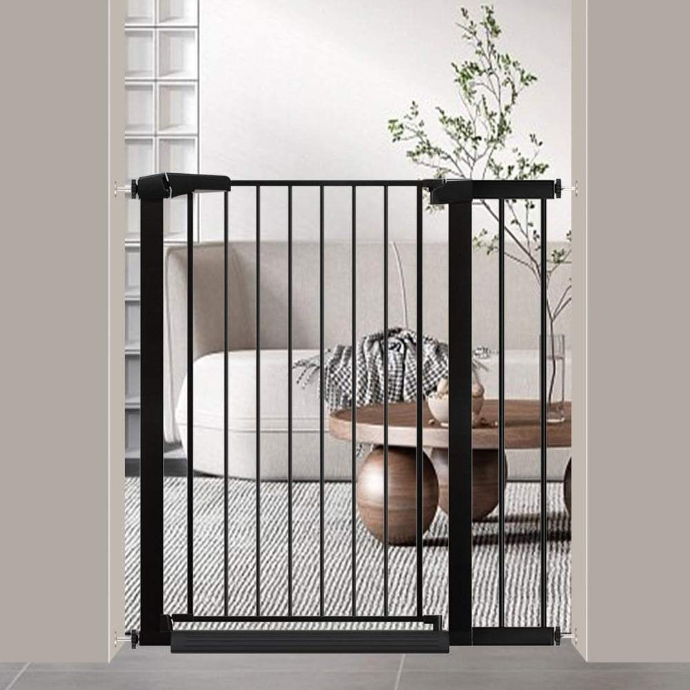 Fairy Baby 38-inch gate installed on stairs, secure passage for kids and pets.