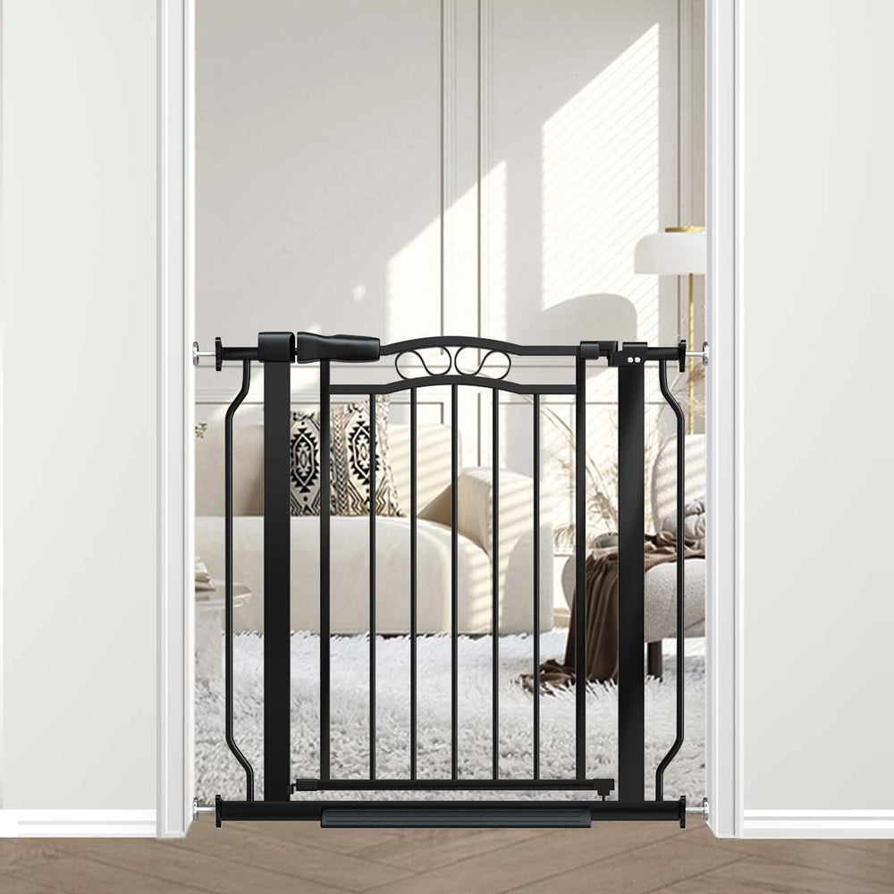 Fairy Baby arch design gate in black secures doorways while complementing home decor.