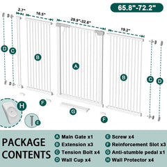Fairy Baby wide adjustable gate fits openings 65.8 to 72.2 inches for flexible use.