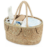 FairyHaus diaper caddy organizer with handwoven seagrass for tidy nursery storage.