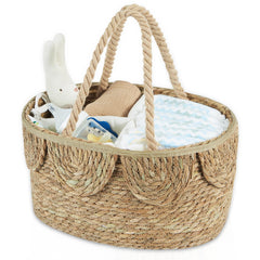 FairyHaus diaper caddy organizer with handwoven seagrass for tidy nursery storage.
