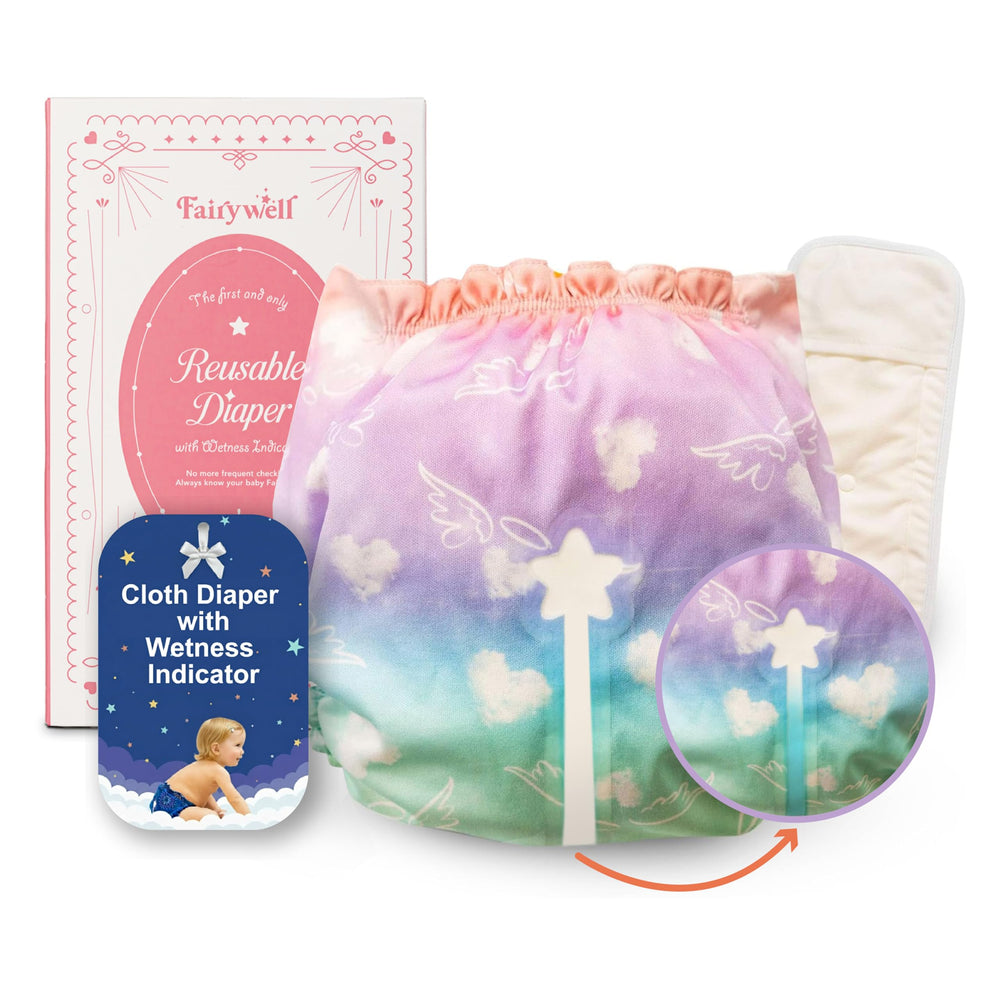 Fairywell reusable diaper with wetness indicator signaling a needed change.