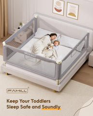 FAMILL bed rail toddler gray installation demonstrates tool-free setup in minutes.