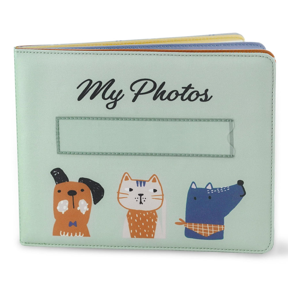 Fanna baby's photo album with cat and dog patterns on soft cover, toddler-friendly.