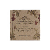 Farmstead Apothecary Baby Shampoo Bar lavender label closeup for gentle cleansing.