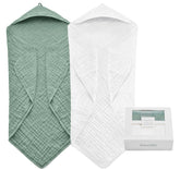 FAVERDIIY hooded towel in roman green close-up, ultra-soft muslin for gentle drying.