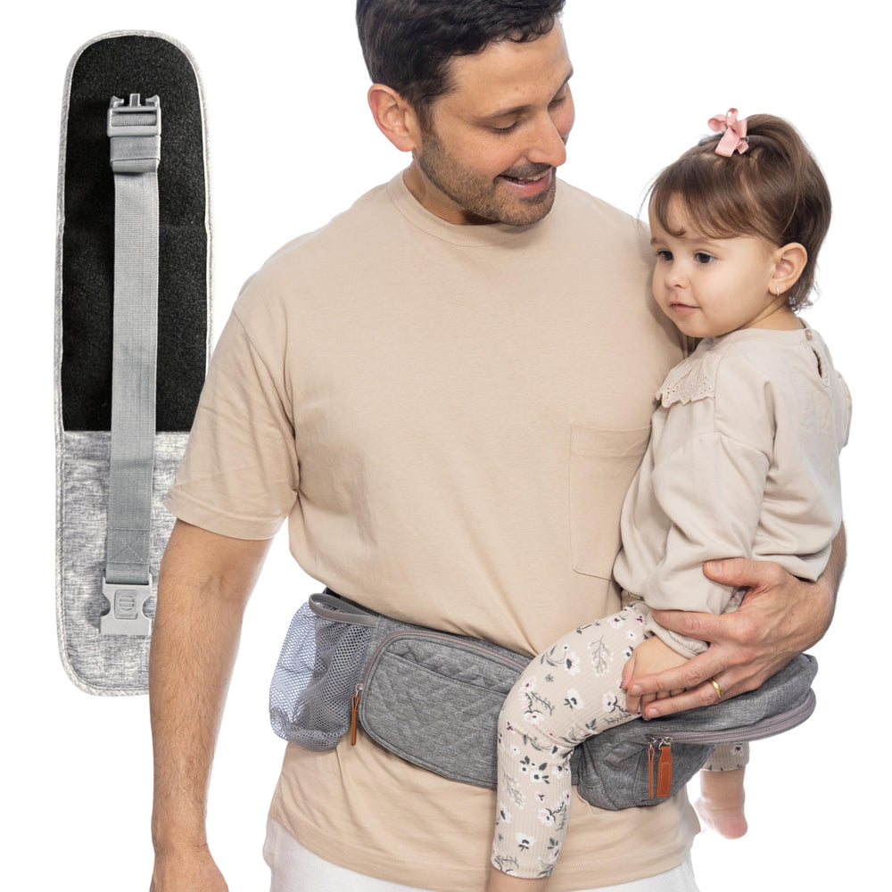 FAWNEST baby hip seat carrier shows ergonomic design for comfortable front carry.